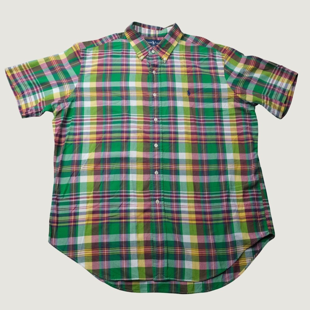 Ralph Lauren Shirt Classic Fit XL Green Plaid Cotton Short Sleeve Button Down